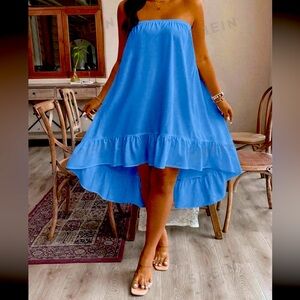 NWOT!! blue high low strapless ruffle flowy  midi dress
